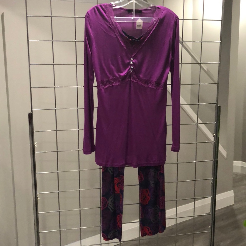 Solid Purple Long Sleeve Top and Floral Pants Set